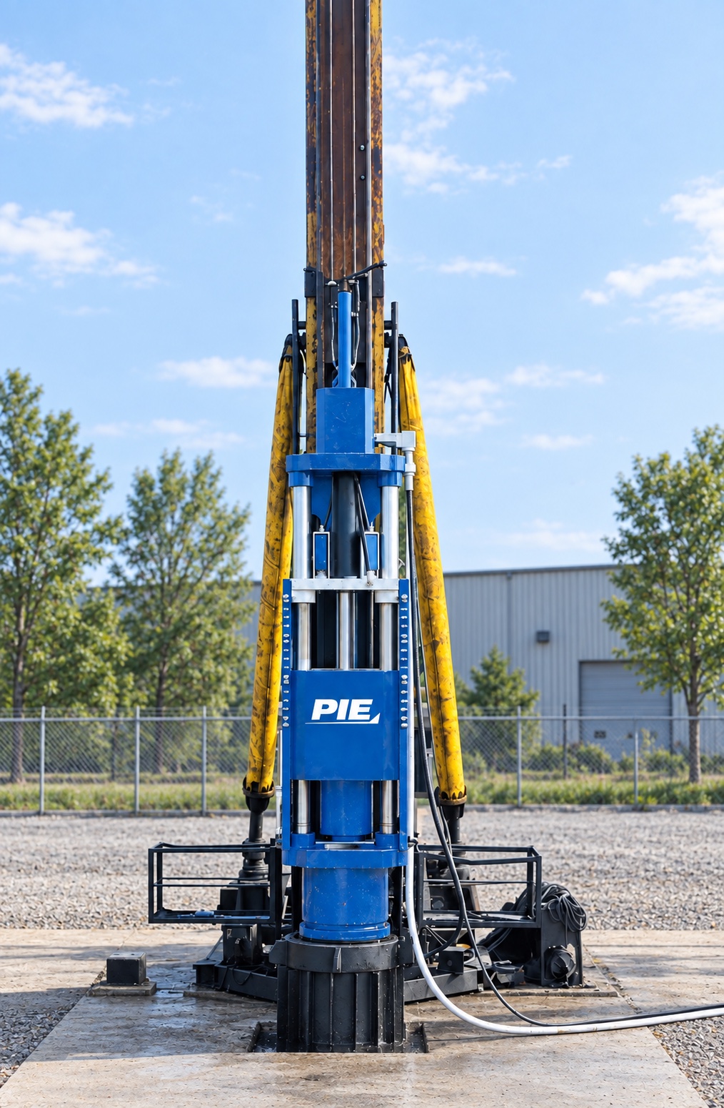 Blue PIE hydraulic impact hammer operating on a maintained industrial equipment test pad
