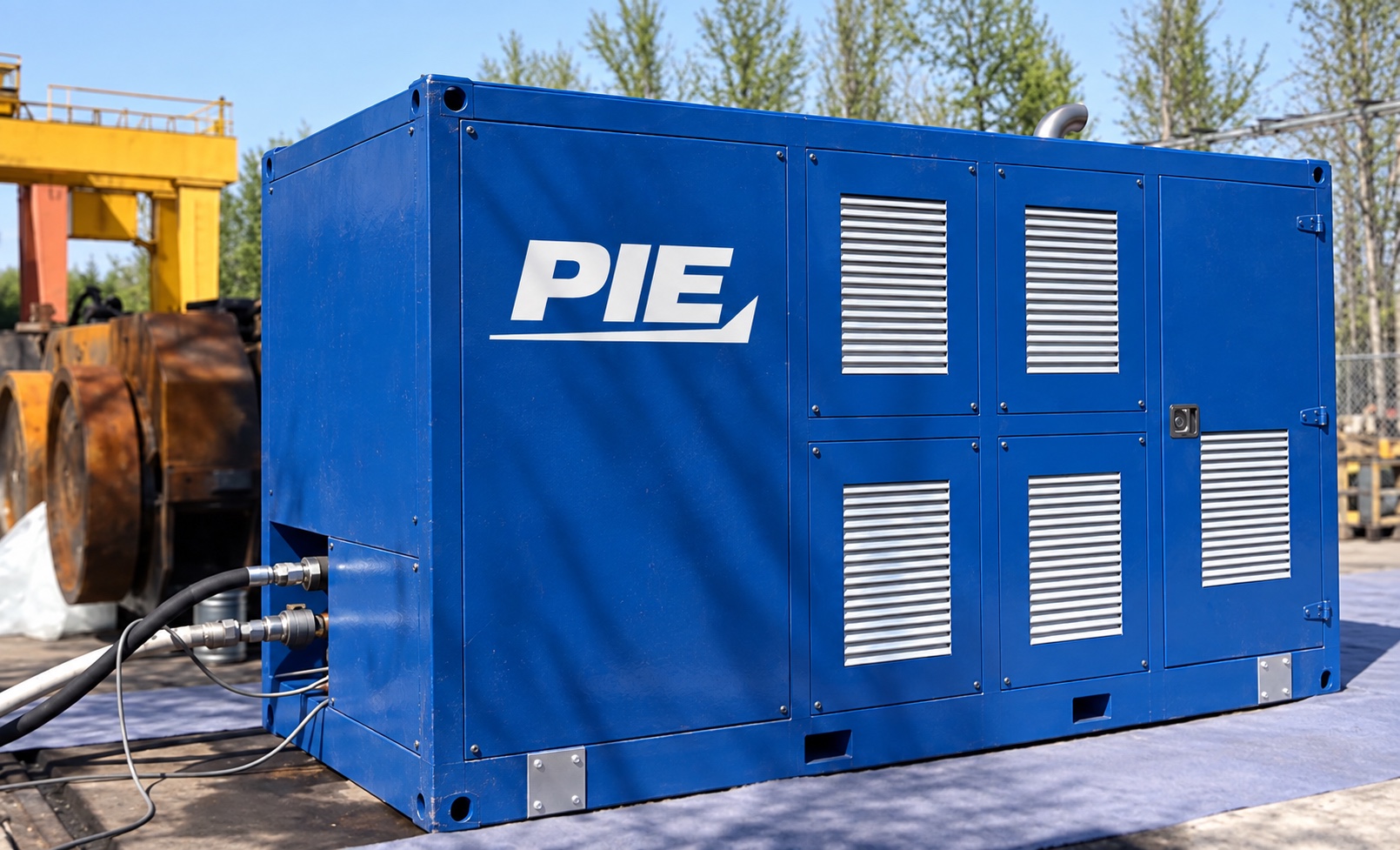 Blue PIE hydraulic power unit in an outdoor industrial yard