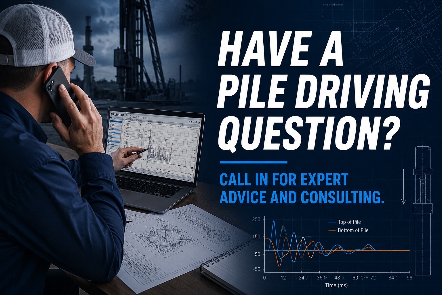 Pile driving specialist reviewing technical data and speaking by phone