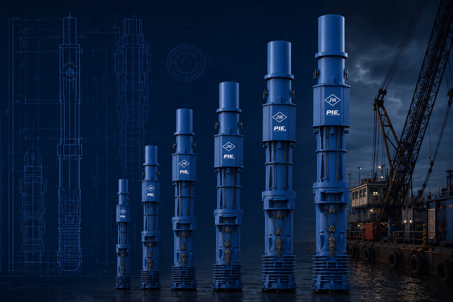 Diesel pile driving hammer operating over water