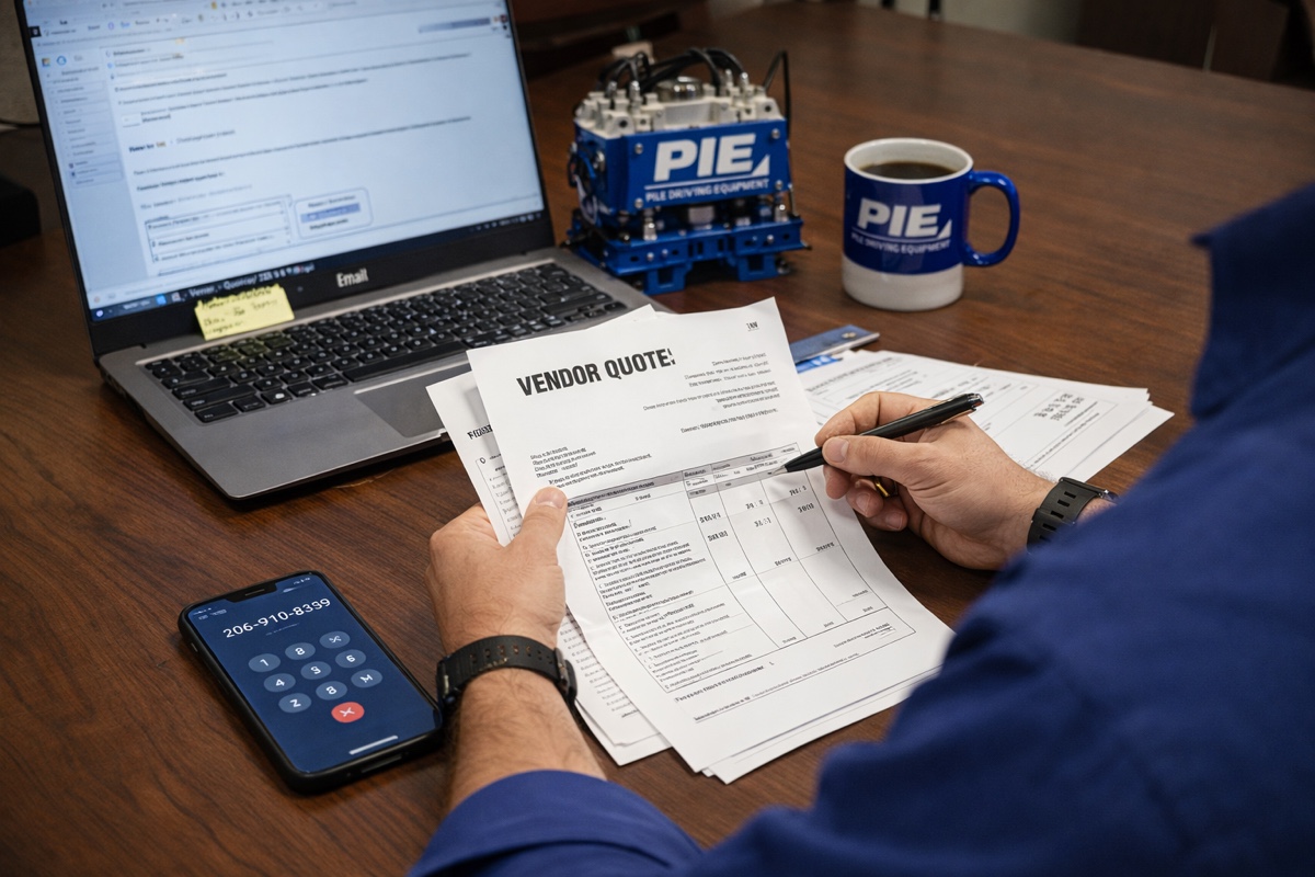 Pile driving equipment quote being reviewed at a desk