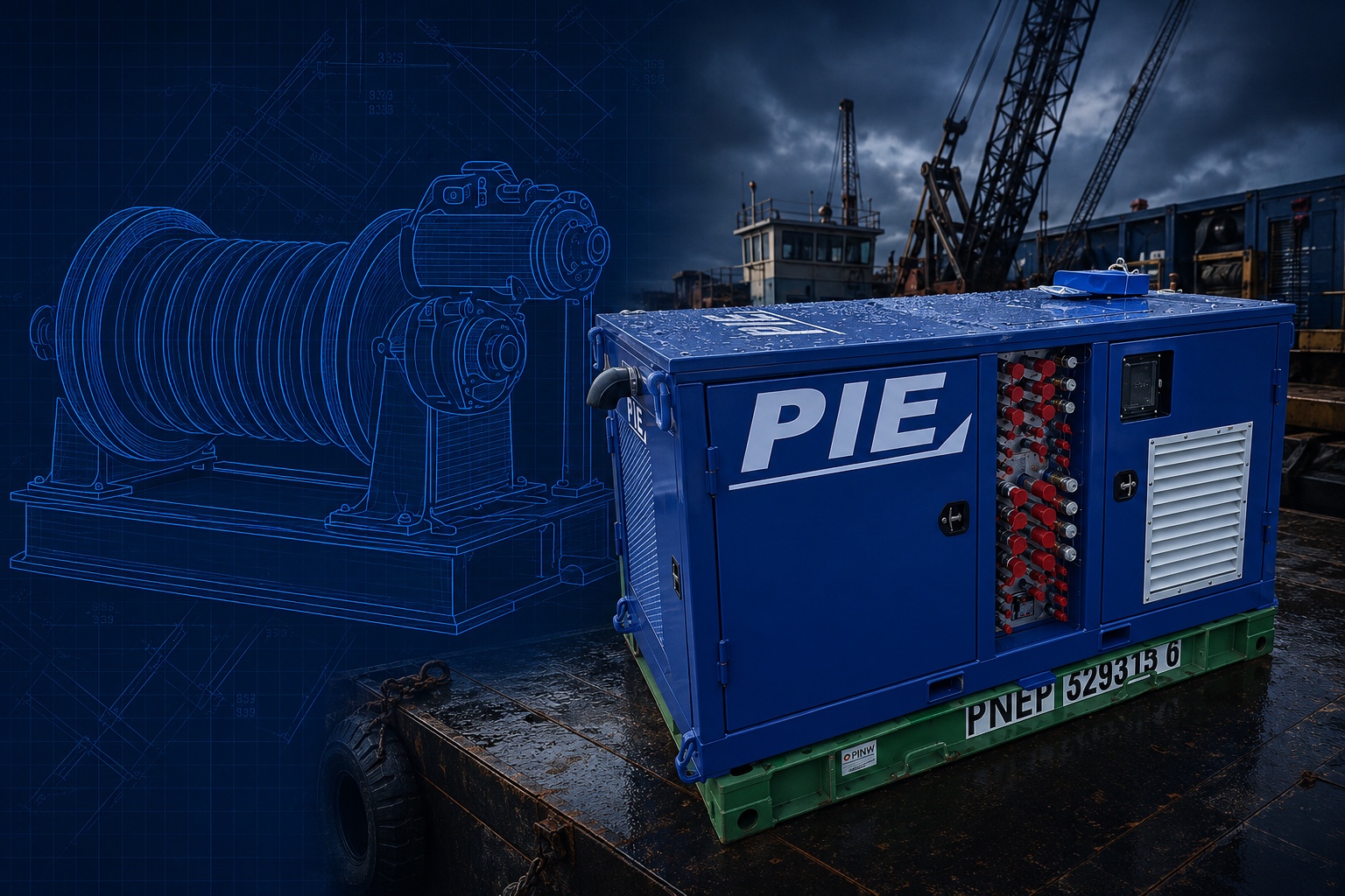 Blue PIE hydraulic power unit on a marine jobsite