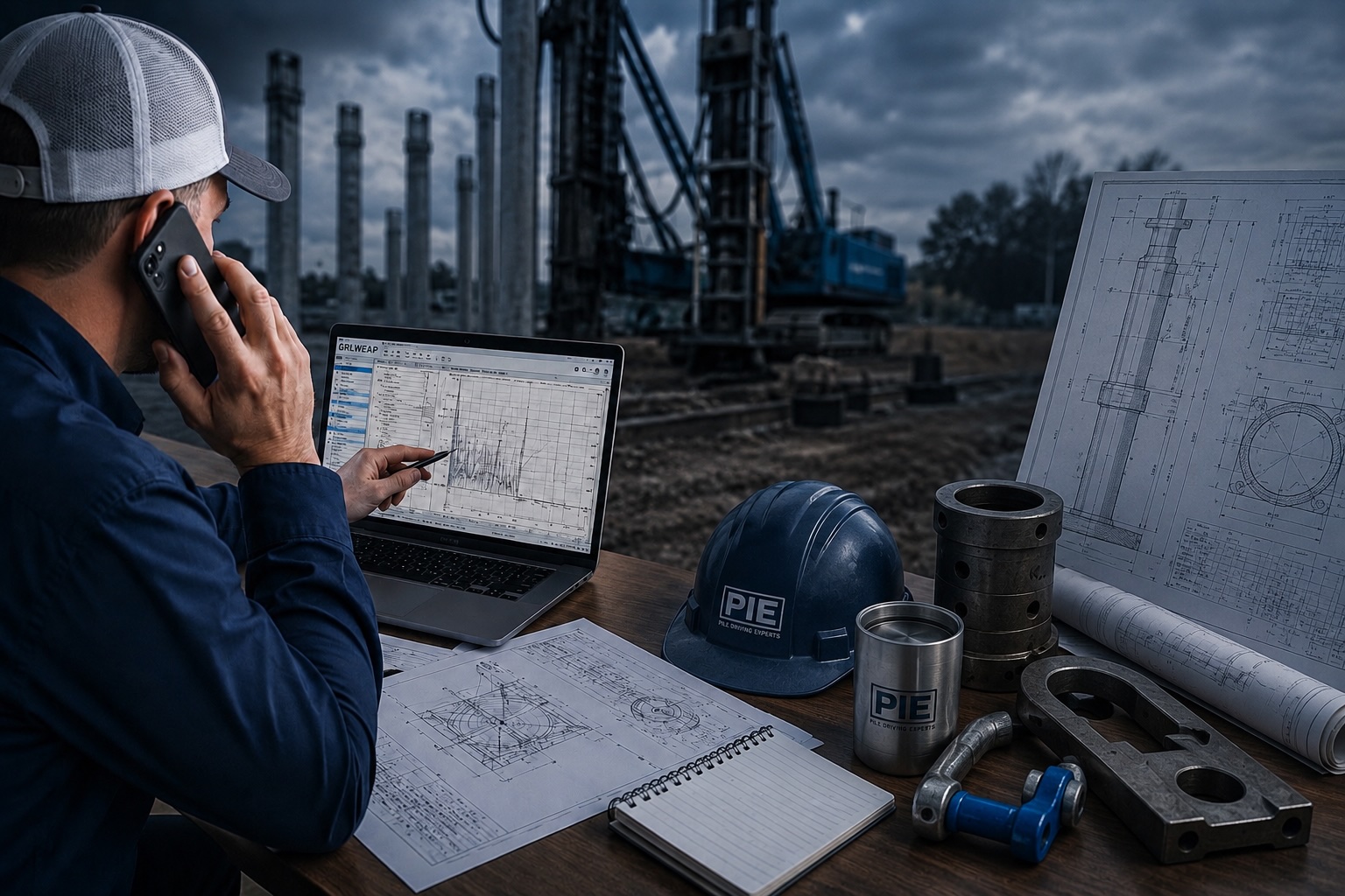 Pile driving specialist reviewing technical data and speaking by phone