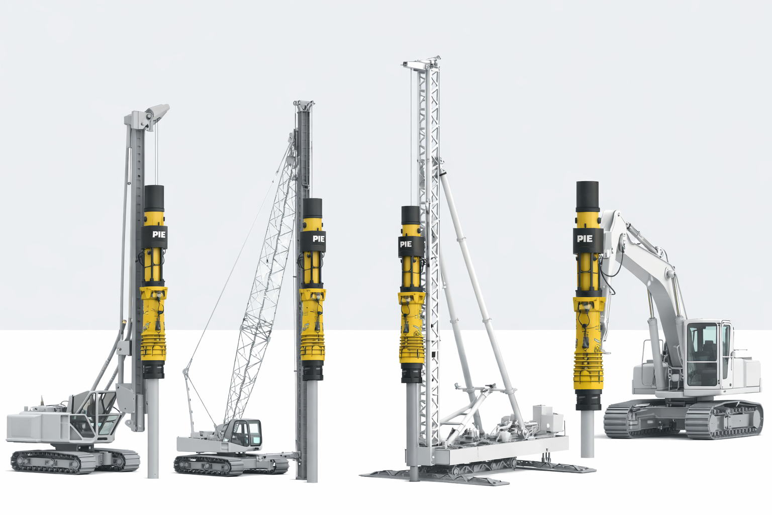 Diesel hammers shown in multiple pile driving configurations