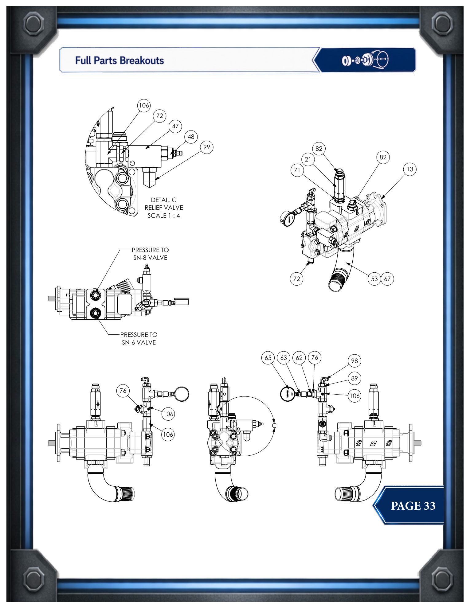 PIE 75 Hydraulic Pump and Relief Valve parts drawing, source page 33