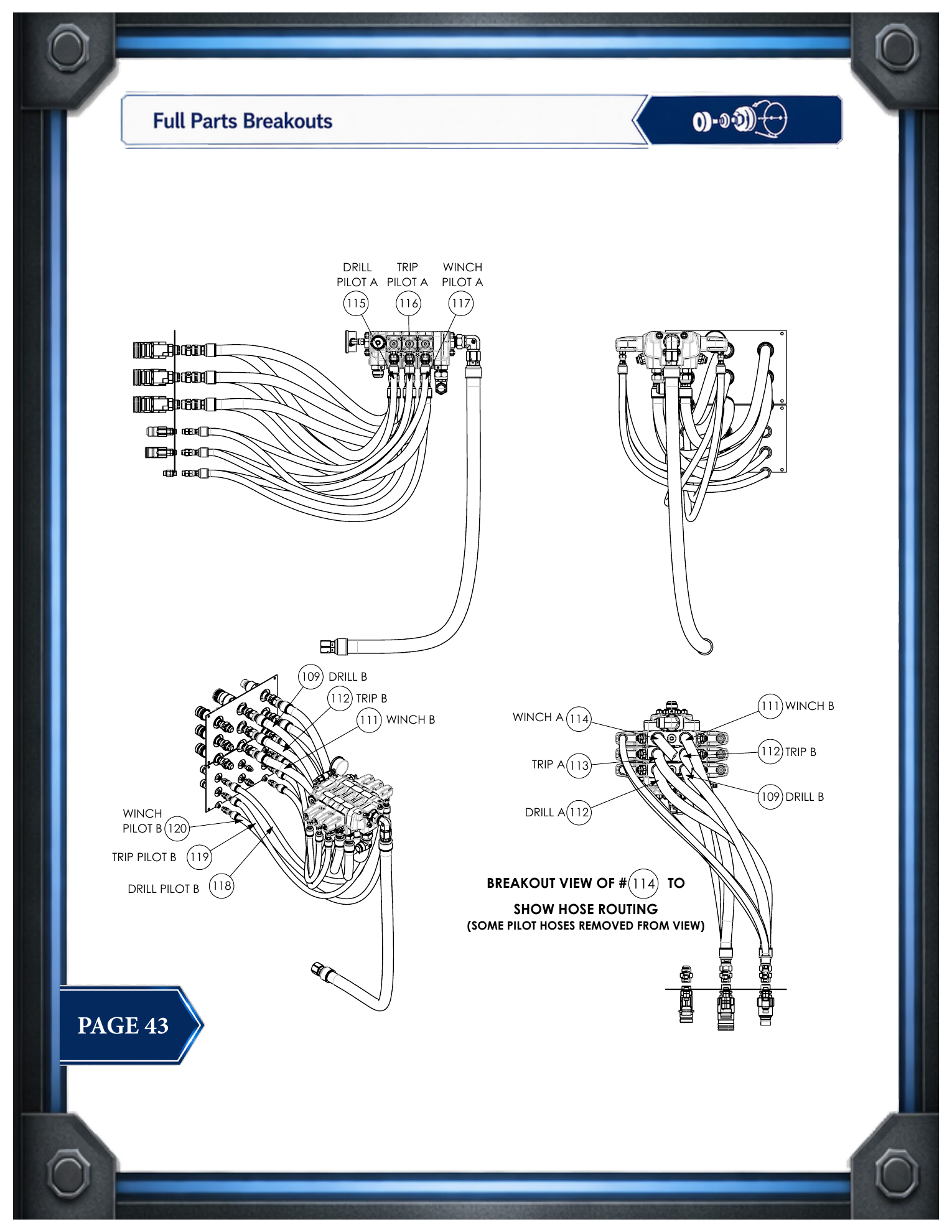 PIE 75 Drill, Trip and Winch Hose Routing parts drawing, source page 43