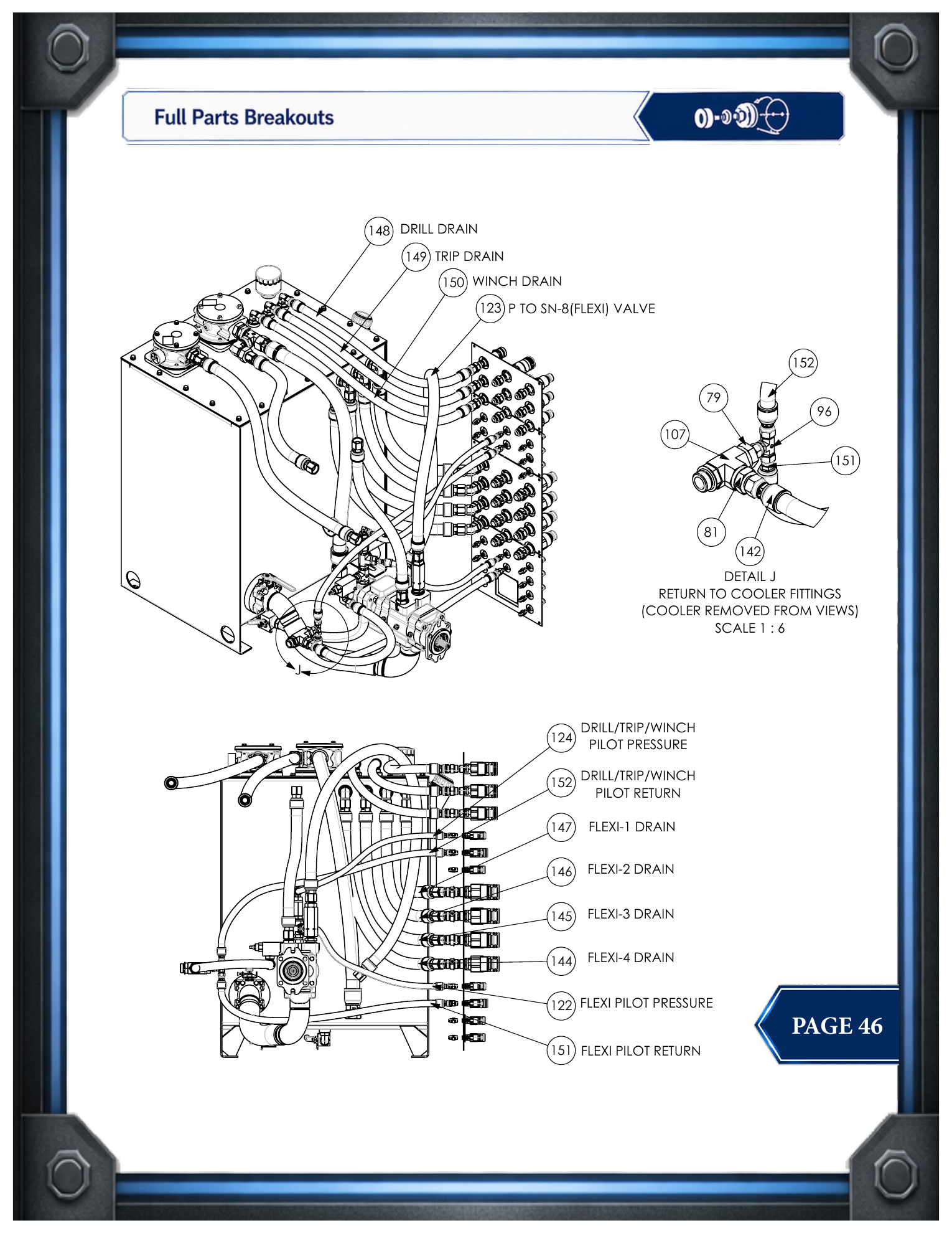 PIE 75 Return and Drain Hose Routing parts drawing, source page 46
