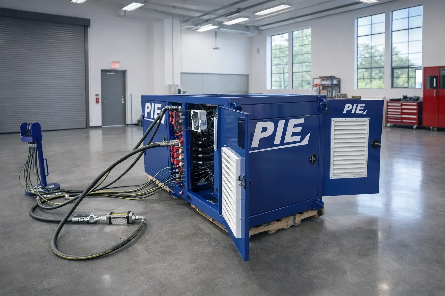 PIE75 hydraulic barge power unit with access panels open